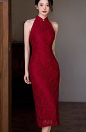 Red Halter Lace Wedding Cheongsam Qipao Dress with Shawl