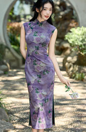 Purple Floral Print Long Cheongsam Qipao Dress