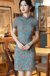 Blue Floral Linen Short Cheongsam Qipao Dress