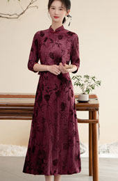 Burgundy Floral Belt Mothers A-Line Cheongsam Qipao Dress