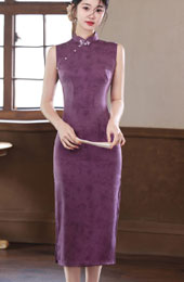 Purple Jacquard Sleeveless Cheongsam Qipao Dress