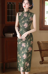 Forest Green Floral Sleeveless Cheongsam Qipao Dress