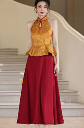Faux Two-Piece Color Block Wedding Halter Cheongsam Dress
