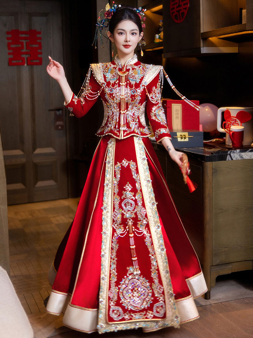 2026 Red Beads Appliques Wedding Bridal Qun Kwa XiuHe