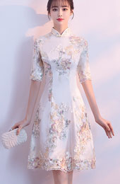 Embroidered Floral A-Line Cheongsam Qipao Dress
