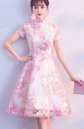 Pink Embroidered Floral A-Line Cheongsam Qipao Dress
