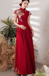 Floral Appliqués Pregnant Bridal Qipao Cheongsam Dress