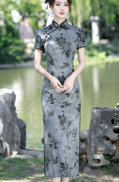 Gray Floral Print Midi Cheongsam Qipao Dress