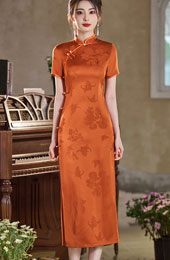 Orange Jacquard Floral Midi Qipao Cheongsam Dress