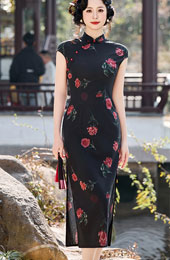 Black Rose Print Cheongsam Qipao Dress