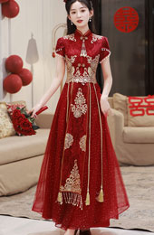 Burgundy Appliques A-Line Tulle Cheongsam Qipao Dress