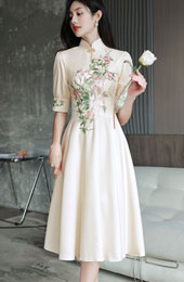 Champagne Appliques Midi A-Line Qipao Cheongsam Dress