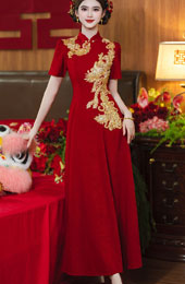 Burgundy Sequins Phoenix Bridal A-Line Wedding Qipao Cheongsam Dress