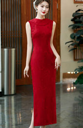 Red Jacquard Bridal V Back Wedding Cheongsam Qipao Dress