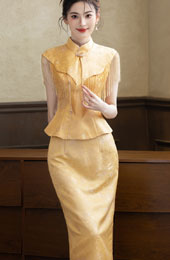 2 Pcs Yellow Jacquard Shawl Cheongsam Top & Skirt Outfits
