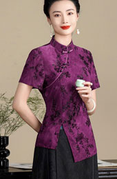 Purple Gray Floral Velvet Cheongsam Blouse Top