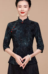 Purple Gray Floral Velvet Woman Cheongsam Blouse Top