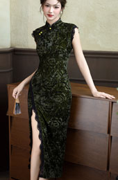 Thigh Split Velvet Cheongsam Qipao Dress with Lace Trim