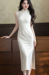 White Blue Jacquard Midi Cheongsam Qipao Dress