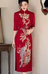 Red Jacquard Sequins Phoenix Wedding Cheongsam Qipao Dress