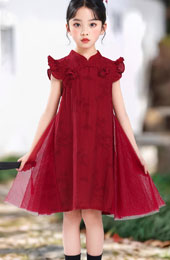 Burgundy Kid Girls A-Line Cheongsam Qipao Dress
