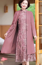 2 Pcs Pink Red Mothers Lace Qipao Cheongsam Dress & Jacket