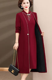 2 Pcs Red Black Mothers Qipao Cheongsam Dress & Coat