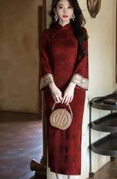 Red Jacquard Winter Long Cheongsam Qipao Dress