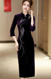 Purple Red Beads Velvet Midi Cheongsam Qipao Dress