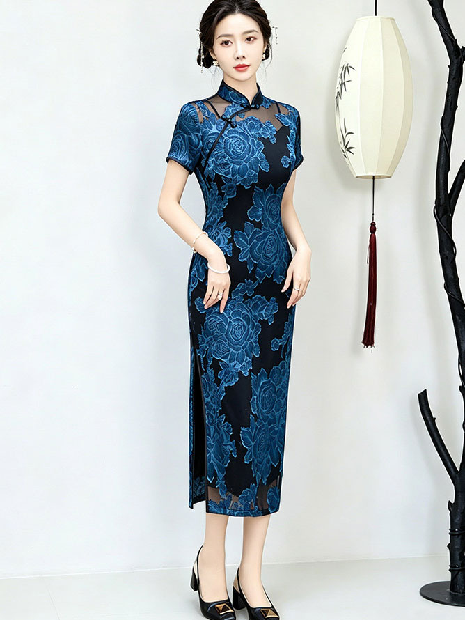 Red Blue Jacquard Floral Long Cheongsam Qipao Dress