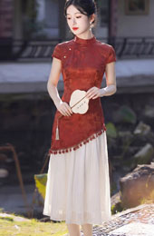 Faux Two-Piece Jacquard A-line Cheongsam Qipao Dress