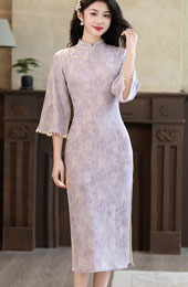 Purple Blue Bell Sleeve Midi Cheongsam Qipao Dress