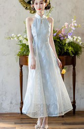Blue Halter A-line Maxi Cheongsam Qipao Dress