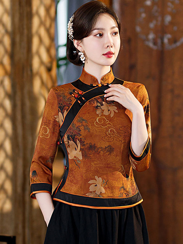 Yellow Purple Vintage Print Woman Cheongsam Blouse Top