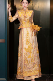 Champagne Embroidered Phoenix Wedding Qun Kwa & Skirt