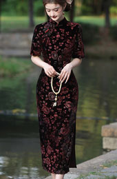 Red Rose Velvet Long Cheongsam Qipao Dress