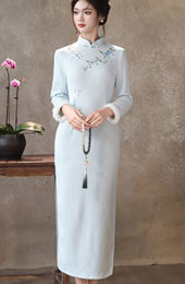 Blue Embroidered Winter Long Cheongsam Qipao Dress