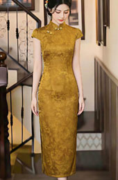 2026 Gold Jacquard Midi Cheongsam Qipao Dress