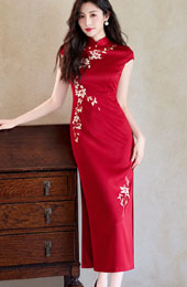 Red Embroidered Wedding Bridal Midi Cheongsam Qipao Dress