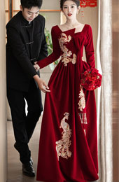 Burgundy Long Sleeve Phoenix Winter Wedding Bridal Dress