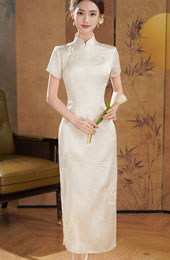 White Embroidered Satin Long Cheongsam Qipao Dress