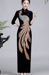Black Red Beads Phoenix Velvet Qipao Cheongsam Dress