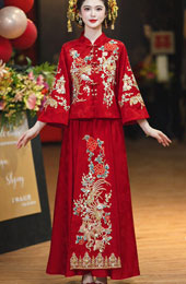 Red Embroidered Wedding Bridal Top & Skirt Xiuhe Qun Kwa Outfit