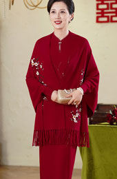 Burgundy Embroidered Mothers Shawl Wrap Poncho with Fringe