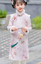 Pink Floral Print Kids Girls Winter Qipao Cheongsam Dress