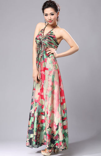 Silk Halter Color Blocking Maxi Dress