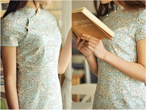 Blue Short Floral Linen Qipao / Cheongsam / Chinese Dress Blue Short Floral Linen Qipao / Cheongsam / Chinese Dress