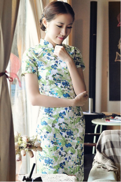 Green Floral Short Linen Qipao / Cheongsam / Summer Chinese Dress Green Floral Short Linen Qipao / Cheongsam / Summer Chinese Dress