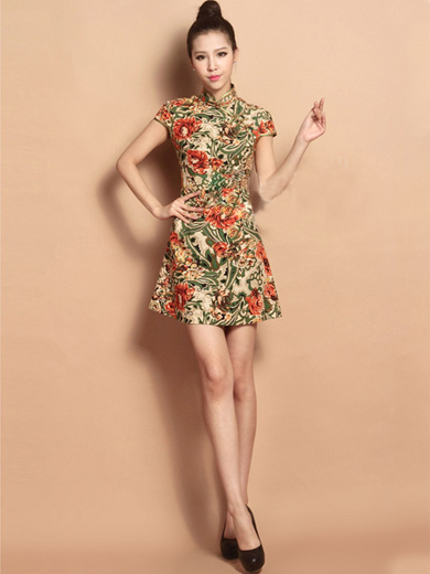 Custom Tailored Short Floral Qipao / Cheongsam Dress