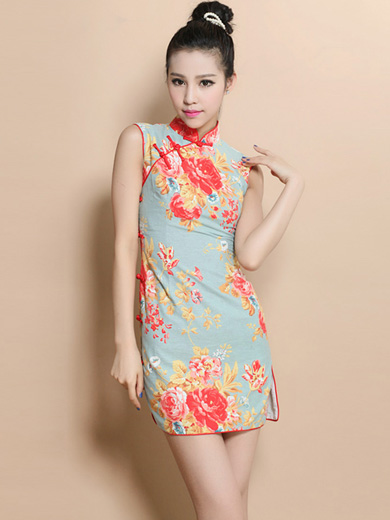 Blue Custom Tailored Short Floral Qipao / Cheongsam Dress